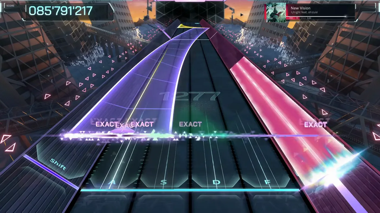 Violet and pink wall beams flank the In Falsus highway at 085'791'217 with four EXACT calls at the line