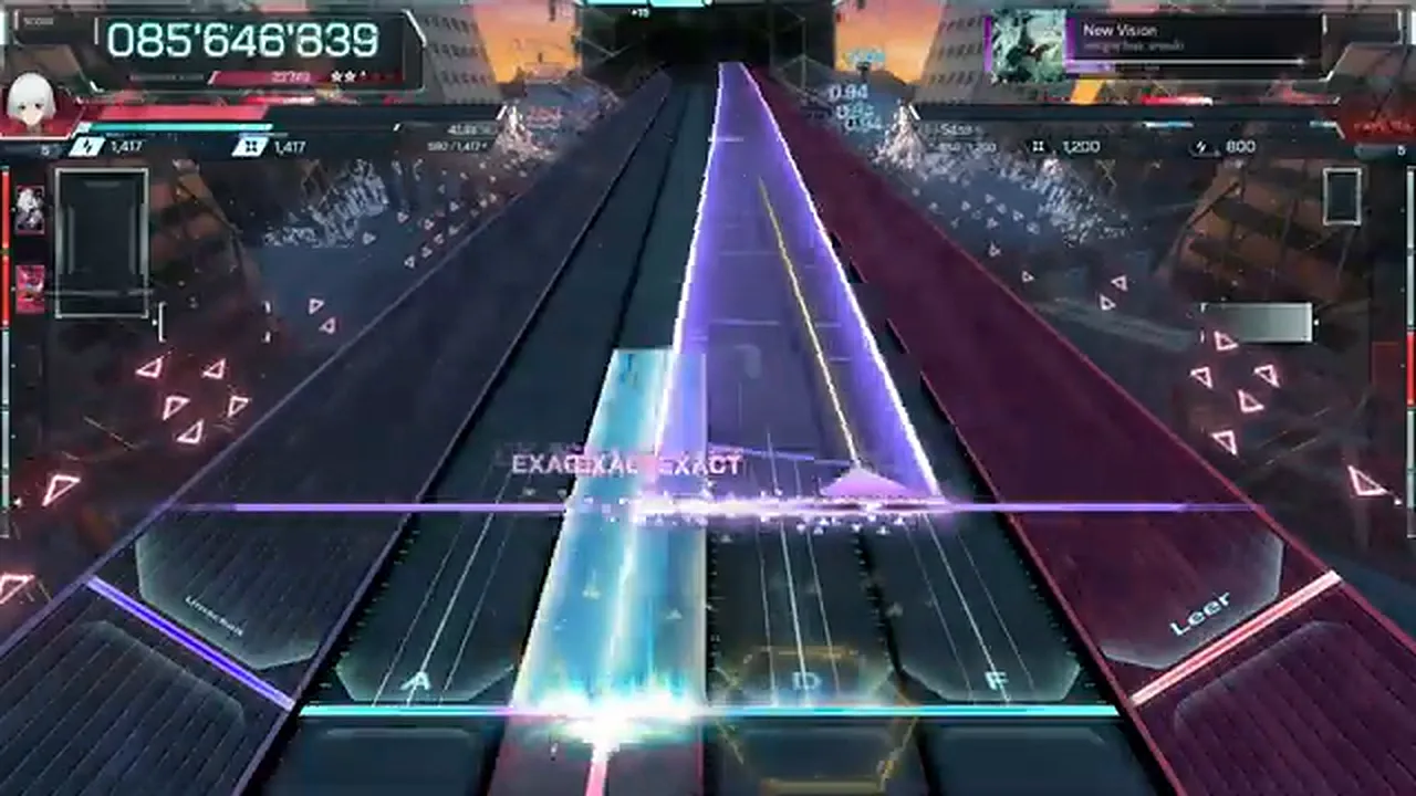 Violet, pink and cyan run three abreast past two EXACTs at 085'646'839 late in New Vision ULT 9 in In Falsus Violet, pink and cyan run three abreast past two EXACTs at 085'646'839 late in New Vision ULT 9 in In Falsus