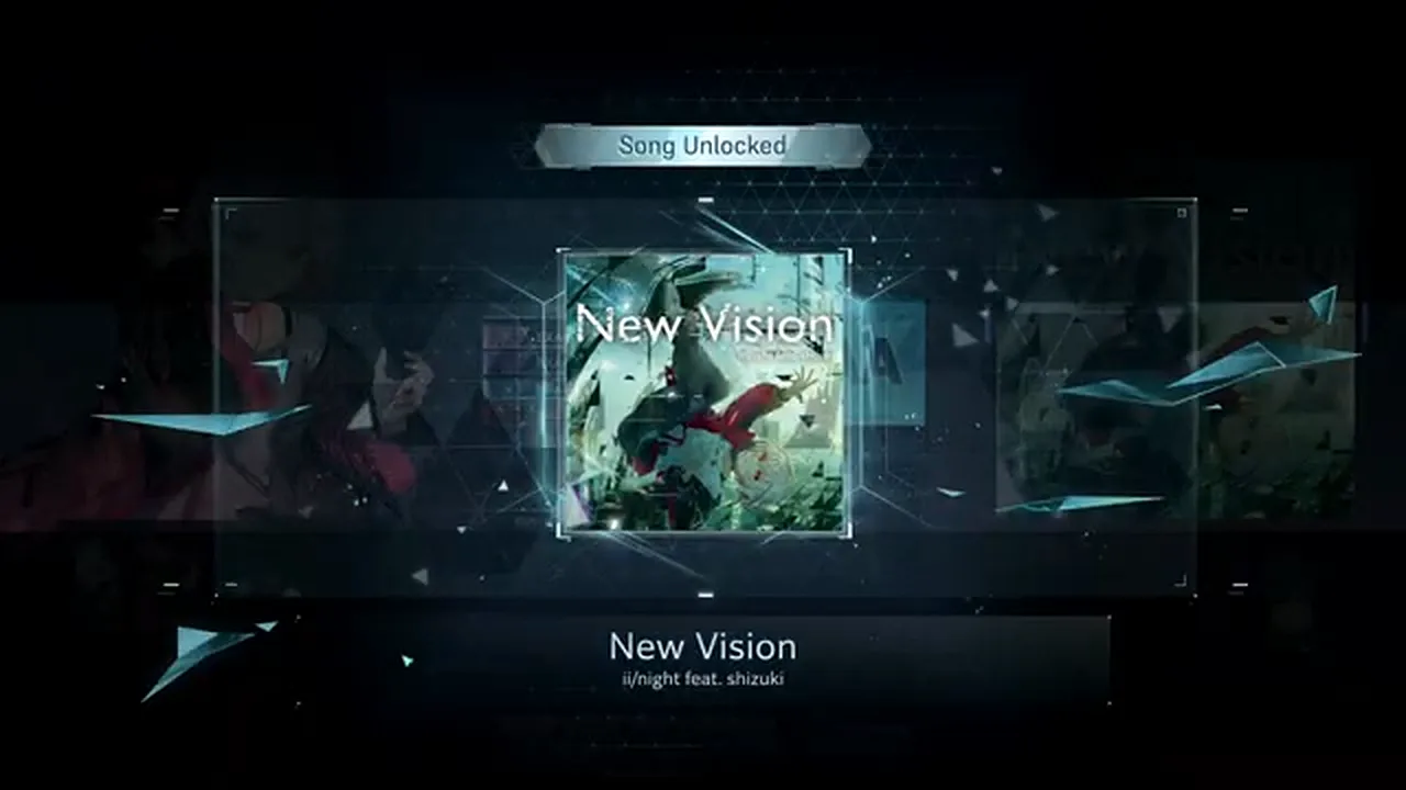 A Song Unlocked reveal presents New Vision's jacket in In Falsus while a Card Crafting Unlocked toast fires beside it A Song Unlocked reveal presents New Vision's jacket in In Falsus while a Card Crafting Unlocked toast fires beside it