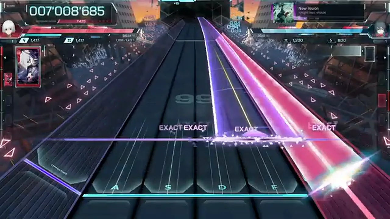 Pink and violet wide beams run in parallel as four EXACT judgments light up at 007'008'885 in In Falsus Pink and violet wide beams run in parallel as four EXACT judgments light up at 007'008'885 in In Falsus