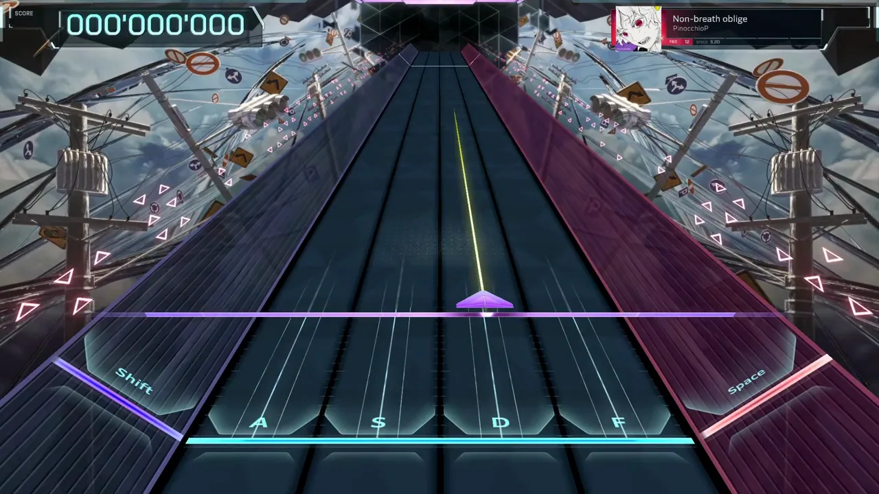 In Falsus dive opening for Non-breath oblige with the song banner crediting PinocchioP and the score counter still at 000'000'000