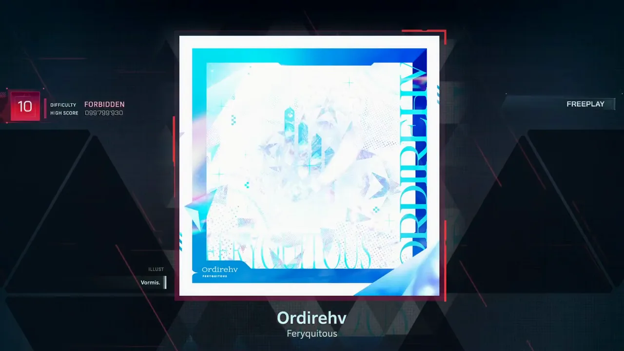 In Falsus song select shows Ordirehv by Feryquitous with a red 10 badge and FREE PLAY before the run starts
