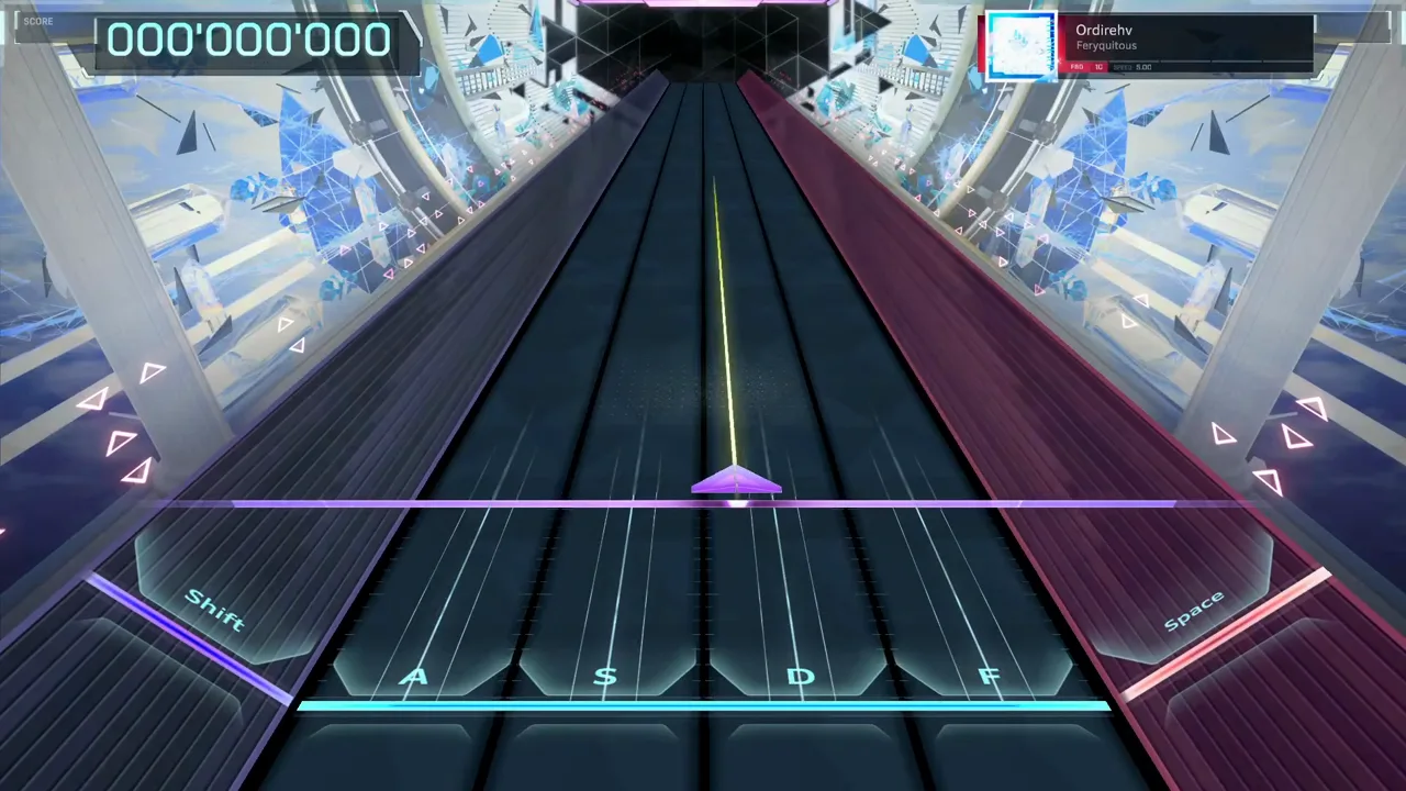 The In Falsus HUD holds 000'000'000 while Ordirehv's first FBD 10 notes enter from the top of the highway