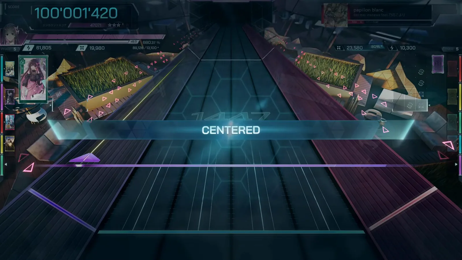 The CENTERED encounter banner crosses the cleared In Falsus field with 47,071 encounter points banked