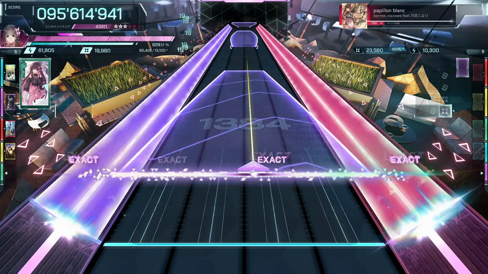 A full-width violet field spans every lane at chain 1,384 with four EXACT judgments in papillon blanc FBD 10