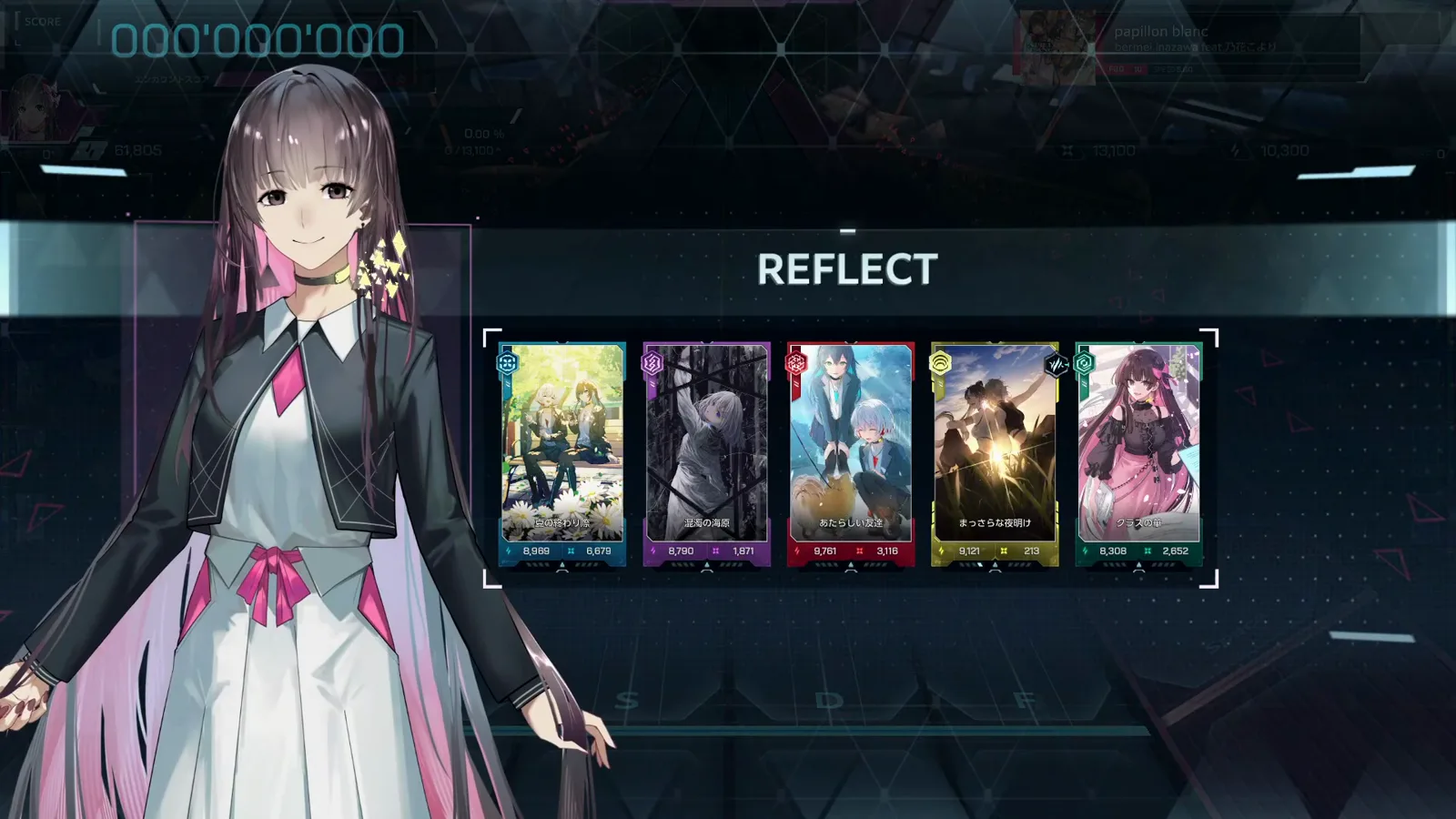 In Falsus REFLECT deck screen resetting the score to 000'000'000 above a five-card loadout