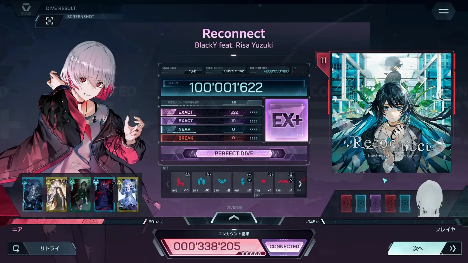In Falsus closes Reconnect FBD 11 on a DIVE RESULT card of 100,001,622 rank EX+ with EXACT 1,622 + 19, NEAR 0, BREAK 0 In Falsus closes Reconnect FBD 11 on a DIVE RESULT card of 100,001,622 rank EX+ with EXACT 1,622 + 19, NEAR 0, BREAK 0