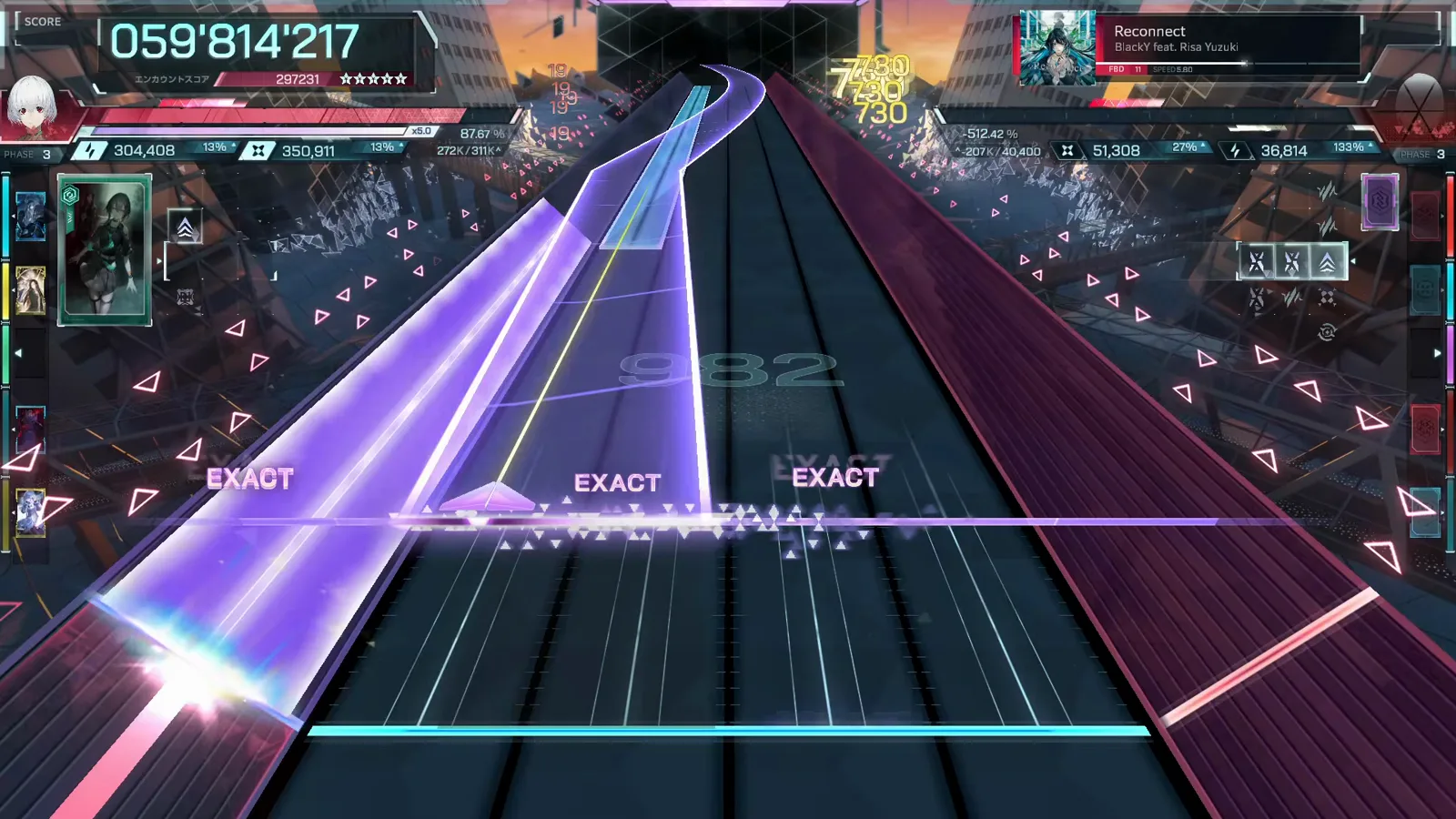 With chain 982 held and the score multiplier at ×5.0, the In Falsus field floods violet in Reconnect FBD 11 With chain 982 held and the score multiplier at ×5.0, the In Falsus field floods violet in Reconnect FBD 11