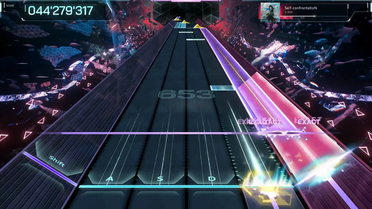 Crimson and violet beams cross the In Falsus highway at 044'279'317 in the FBD 12 chart's opening minute