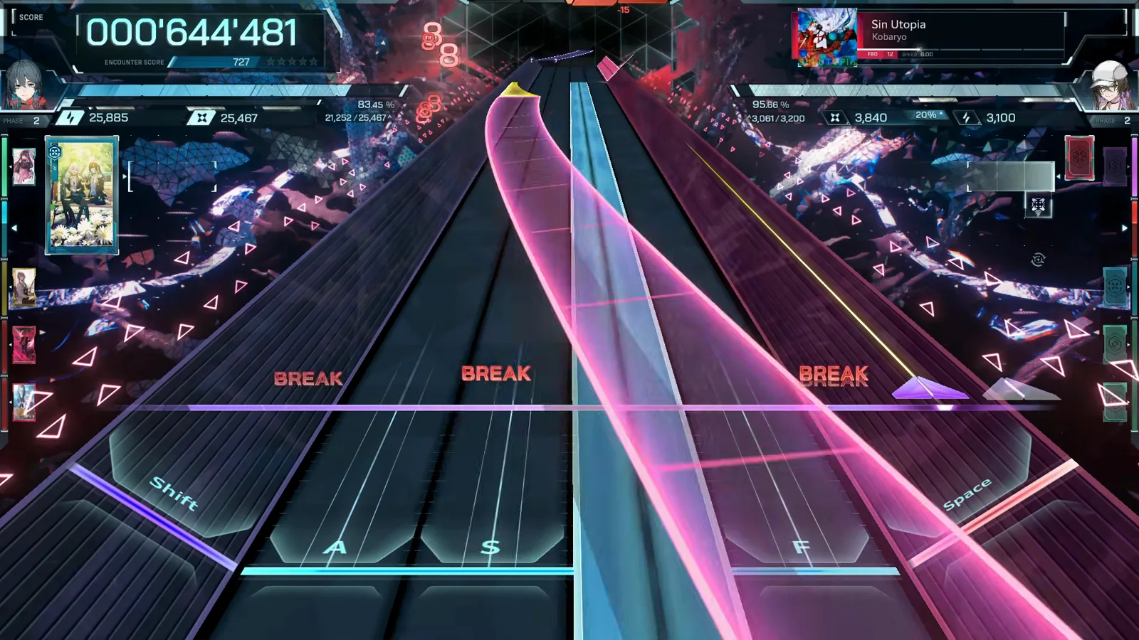 In Falsus chart preview of Sin Utopia FBD 12 where magenta and cyan beams cross the right lanes under three BREAK tags In Falsus chart preview of Sin Utopia FBD 12 where magenta and cyan beams cross the right lanes under three BREAK tags