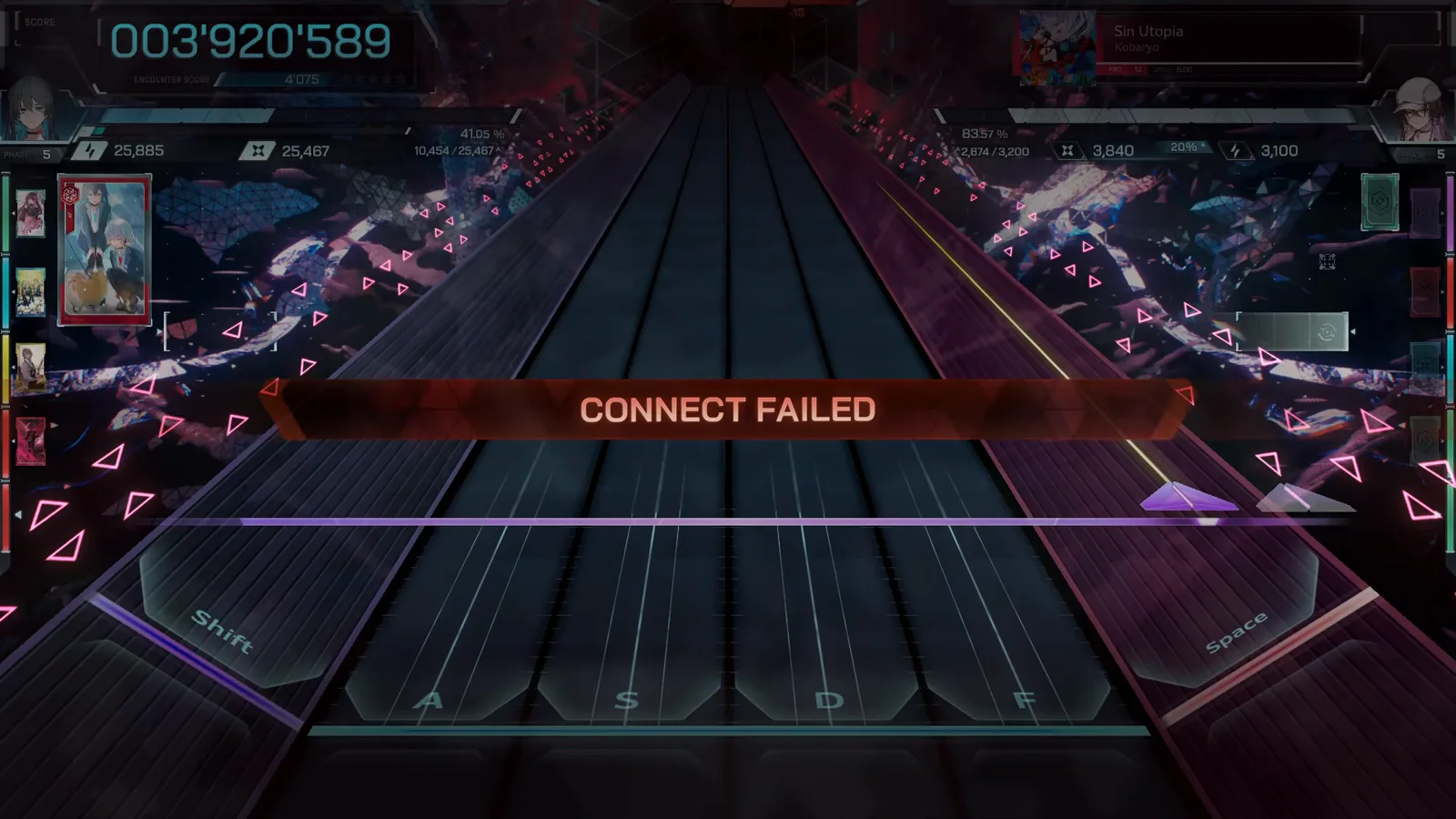 In Falsus CONNECT FAILED banner over the dead lanes after the Sin Utopia FBD 12 preview froze at 003'920'589 In Falsus CONNECT FAILED banner over the dead lanes after the Sin Utopia FBD 12 preview froze at 003'920'589