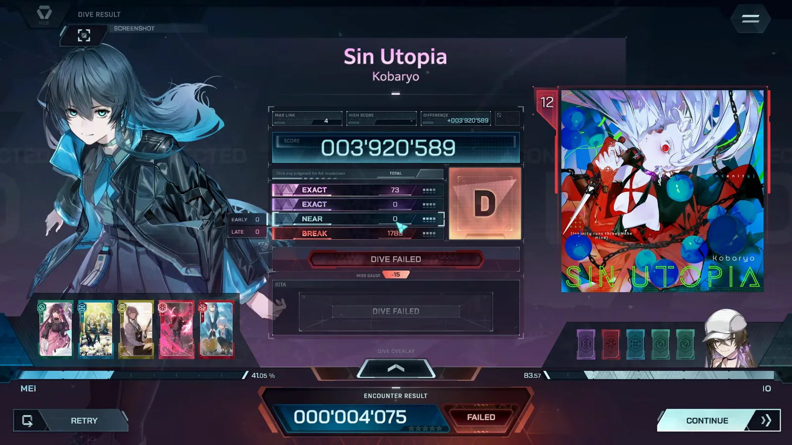 In Falsus DIVE RESULT for the Sin Utopia FBD 12 chart preview: grade D at 003'920'589, BREAK 1789 vs 73 EXACT In Falsus DIVE RESULT for the Sin Utopia FBD 12 chart preview: grade D at 003'920'589, BREAK 1789 vs 73 EXACT