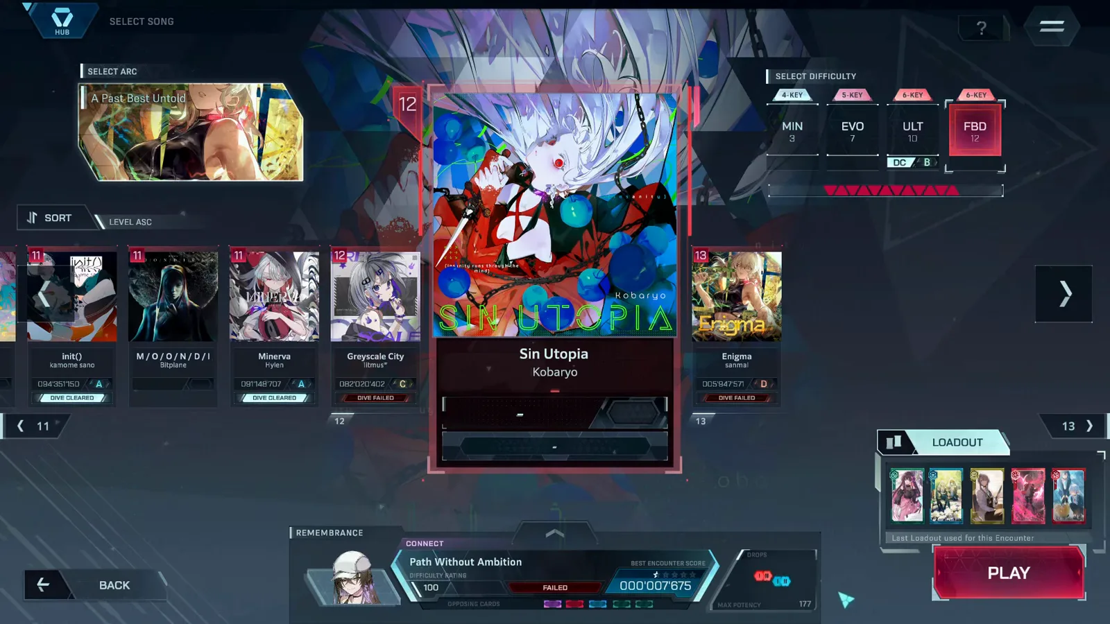 In Falsus song select showing Sin Utopia by Kobaryo picked with the red FBD tab lit between Greyscale City and Enigma In Falsus song select showing Sin Utopia by Kobaryo picked with the red FBD tab lit between Greyscale City and Enigma