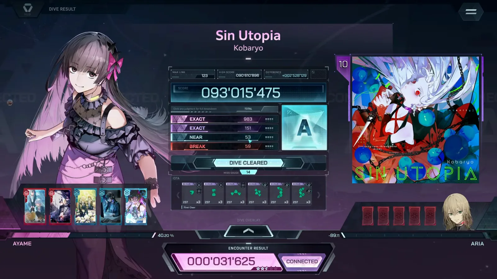 In Falsus gameplay result for Sin Utopia ULT 10: a grade A clear at 093'015'475 with BREAK 59 and encounter CONNECTED In Falsus gameplay result for Sin Utopia ULT 10: a grade A clear at 093'015'475 with BREAK 59 and encounter CONNECTED