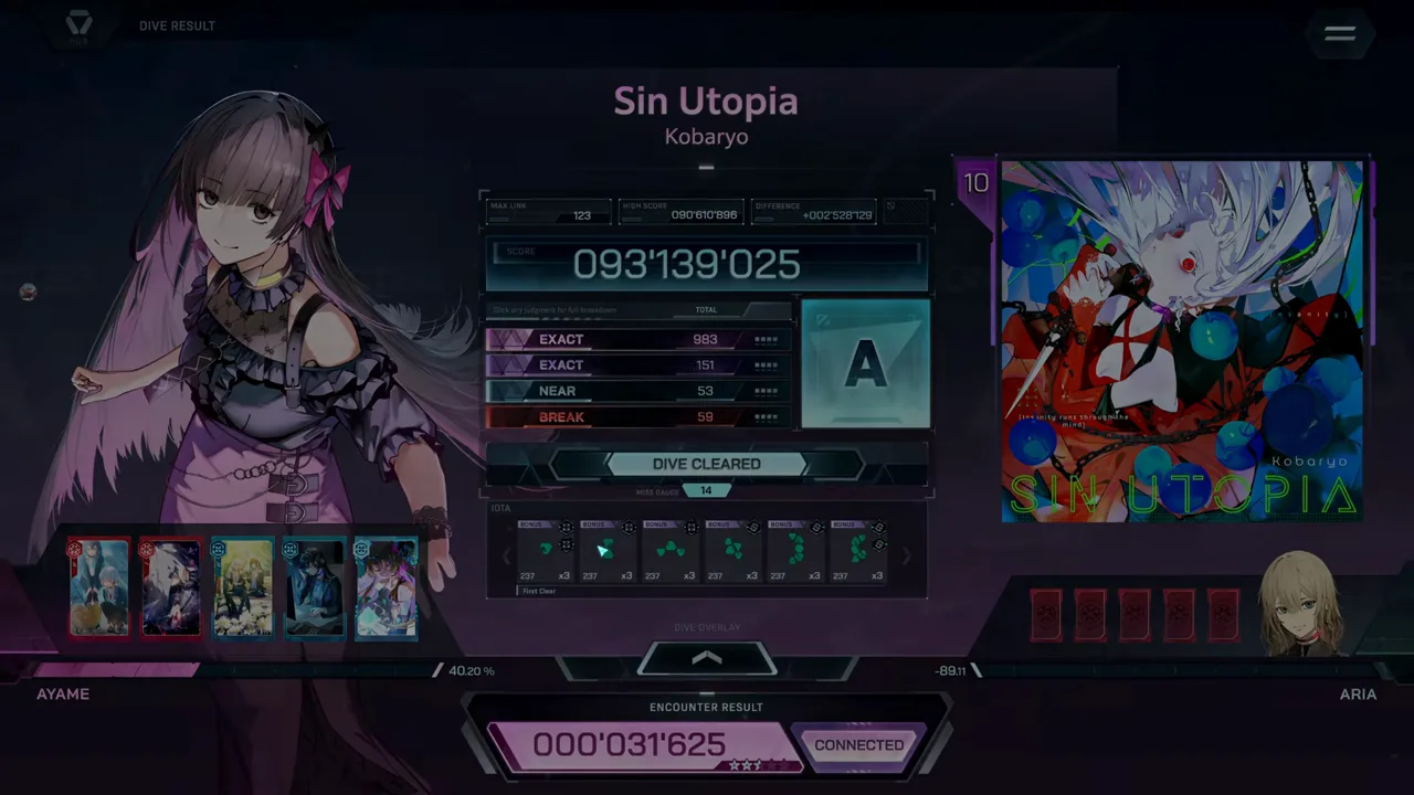 Sin Utopia's settled In Falsus card shows 093'139'025 at rank A with MAX LINK 123, MISS GAUGE 14 and a First Clear tag Sin Utopia's settled In Falsus card shows 093'139'025 at rank A with MAX LINK 123, MISS GAUGE 14 and a First Clear tag