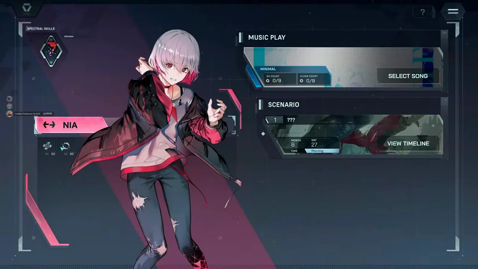 In Falsus hub screen for Nia showing her Spectral Skills slot, Music Play clear counters and the Scenario entry for month 8 day 27 In Falsus hub screen for Nia showing her Spectral Skills slot, Music Play clear counters and the Scenario entry for month 8 day 27