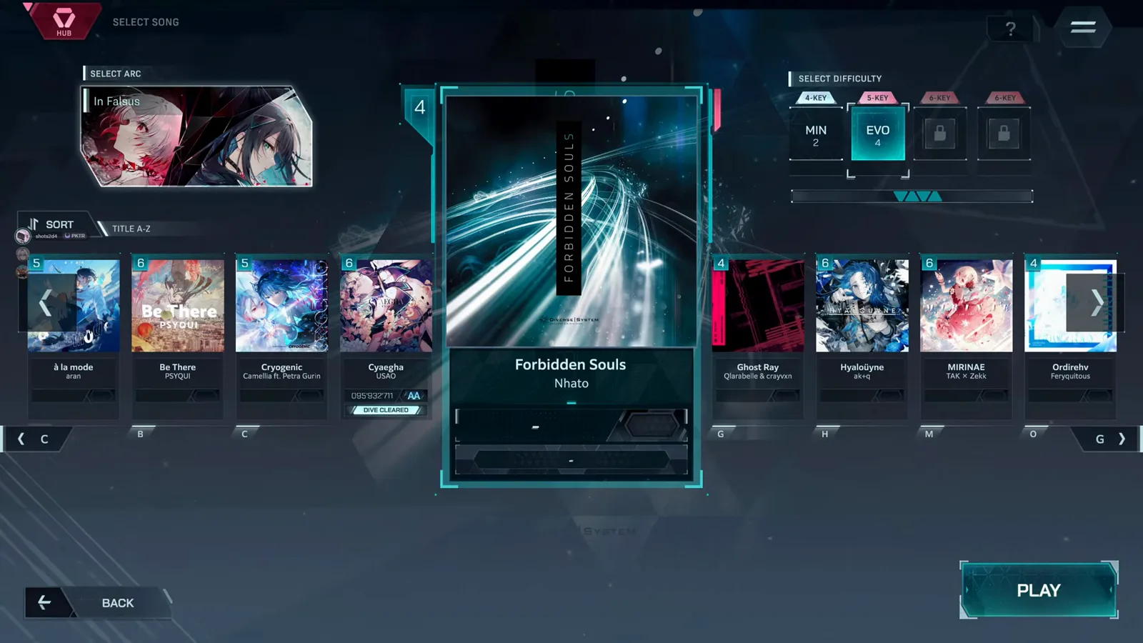 In Falsus song select showing the nine starter tracks with MIN and EVO selectable and the ULT and FORBIDDEN difficulty tabs locked In Falsus song select showing the nine starter tracks with MIN and EVO selectable and the ULT and FORBIDDEN difficulty tabs locked