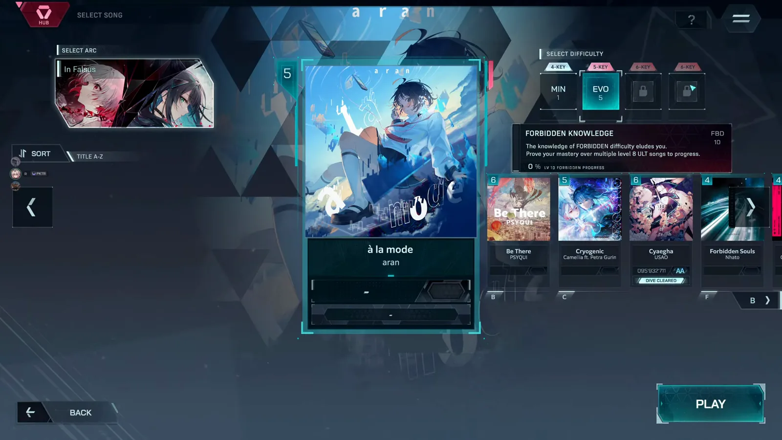 In Falsus Forbidden Knowledge notice on a song card explaining that FORBIDDEN difficulty unlocks through mastery across charts In Falsus Forbidden Knowledge notice on a song card explaining that FORBIDDEN difficulty unlocks through mastery across charts