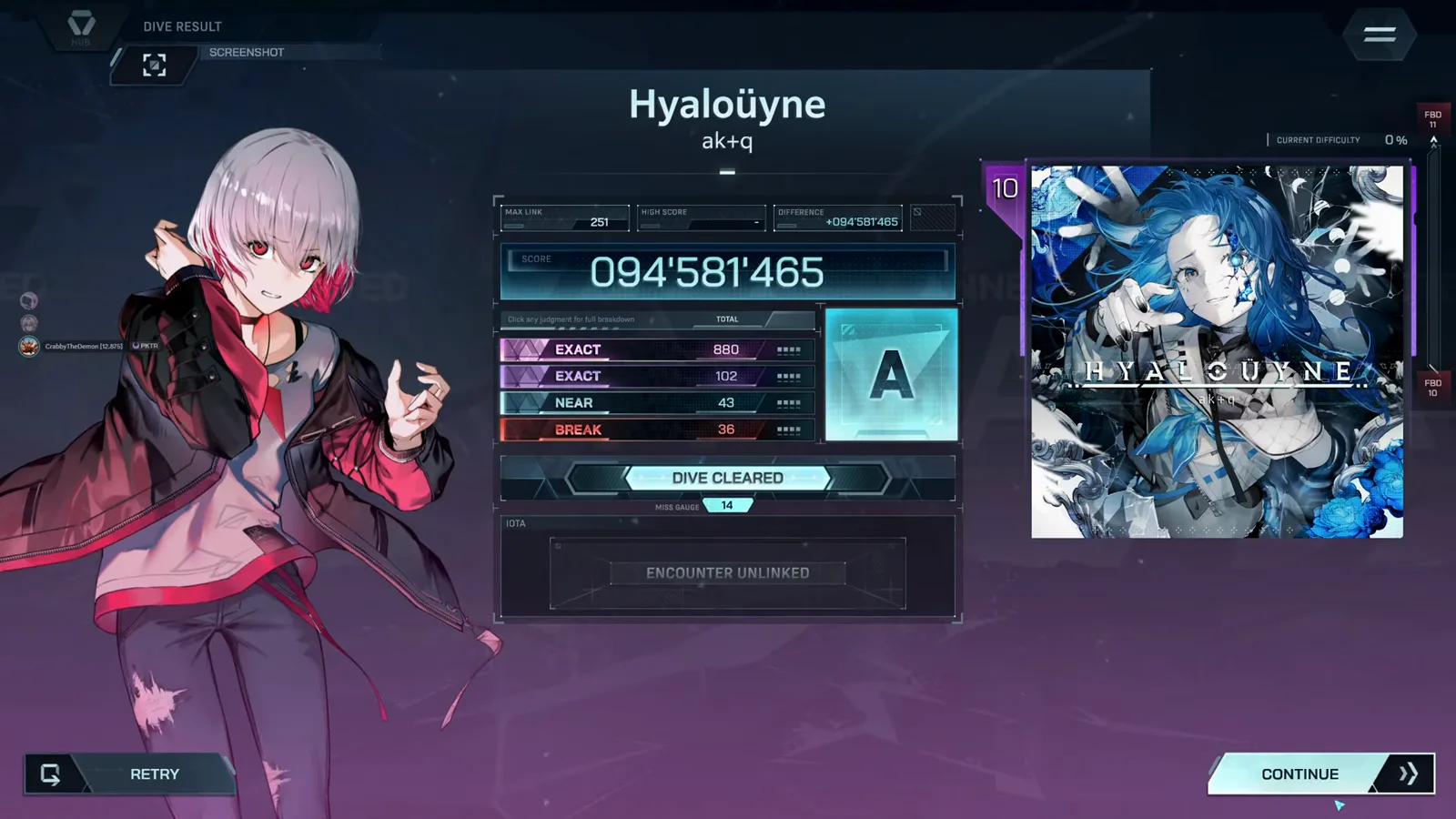 In Falsus Hyaloüyne results screen showing a cleared Ultimate dive with the encounters unlocked reward bar In Falsus Hyaloüyne results screen showing a cleared Ultimate dive with the encounters unlocked reward bar