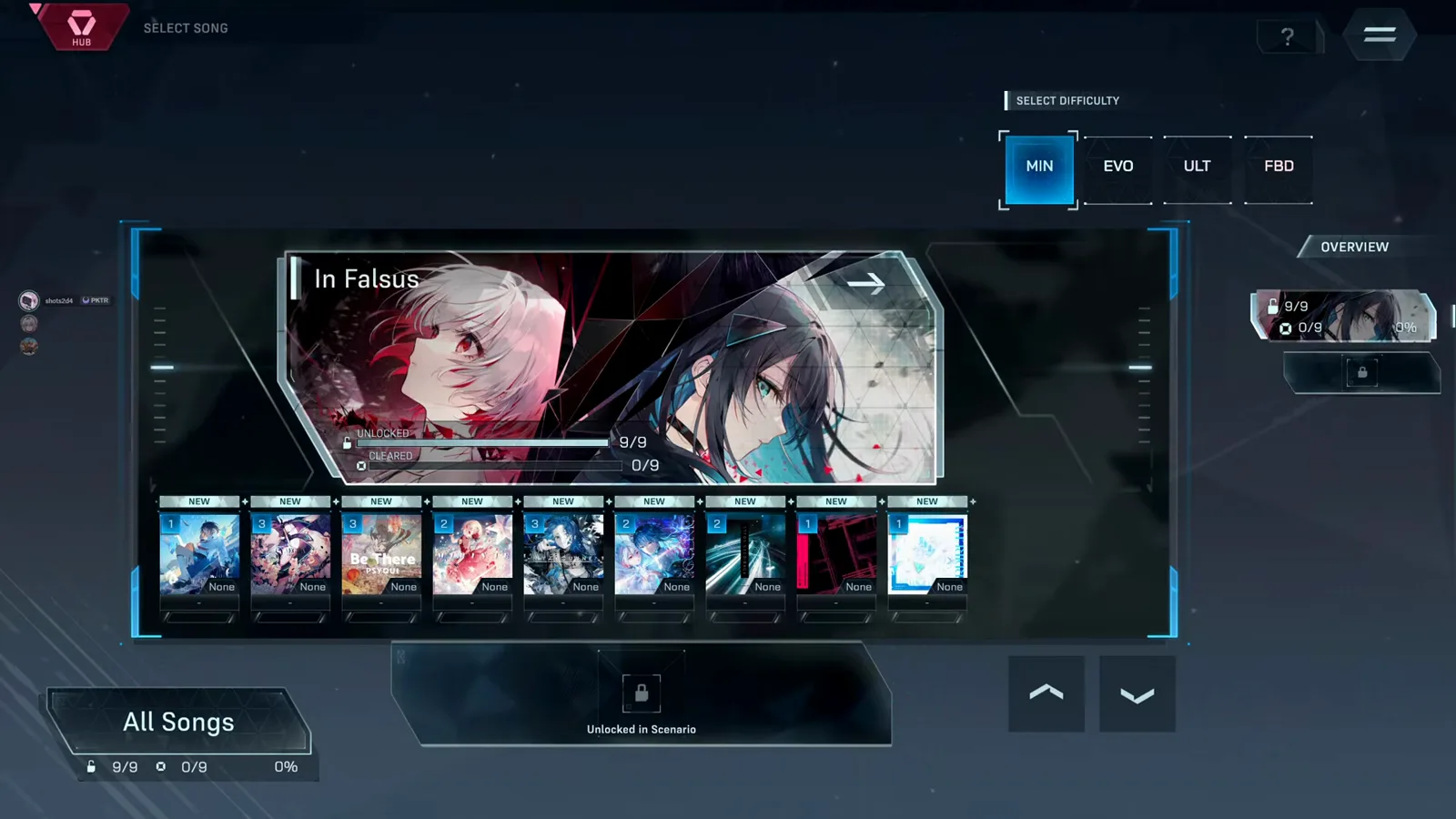 In Falsus song select carousel showing the nine starter songs available in the hub before any story progression In Falsus song select carousel showing the nine starter songs available in the hub before any story progression