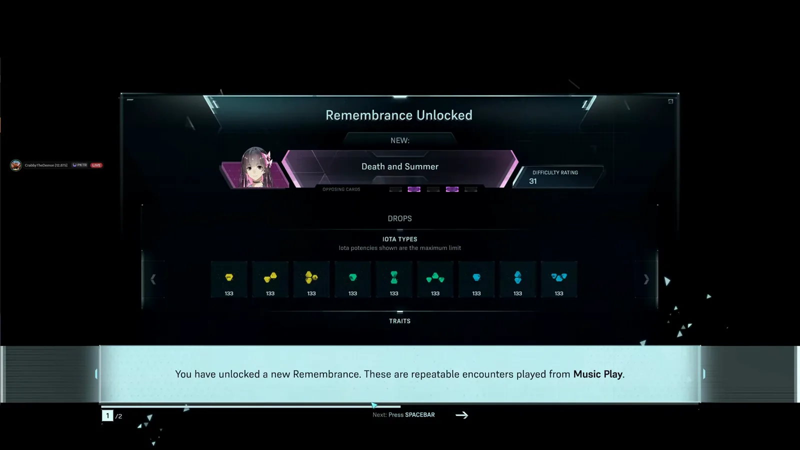 In Falsus Remembrance Unlocked screen for the Death and Summer encounter with its Iota tracks and repeat play notice In Falsus Remembrance Unlocked screen for the Death and Summer encounter with its Iota tracks and repeat play notice