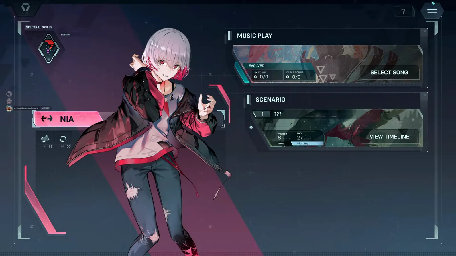 In Falsus hub menu showing Music Play, Scenario and View Timeline entries where story progression unlocks the rest of the song list In Falsus hub menu showing Music Play, Scenario and View Timeline entries where story progression unlocks the rest of the song list
