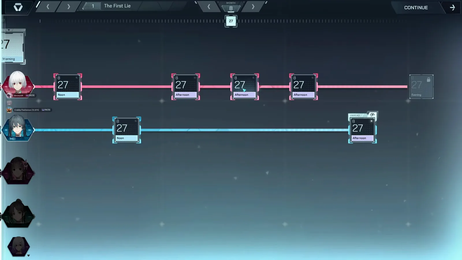 In Falsus Scenario Timeline for The First Lie with dated entries on separate character rows waiting to be read In Falsus Scenario Timeline for The First Lie with dated entries on separate character rows waiting to be read
