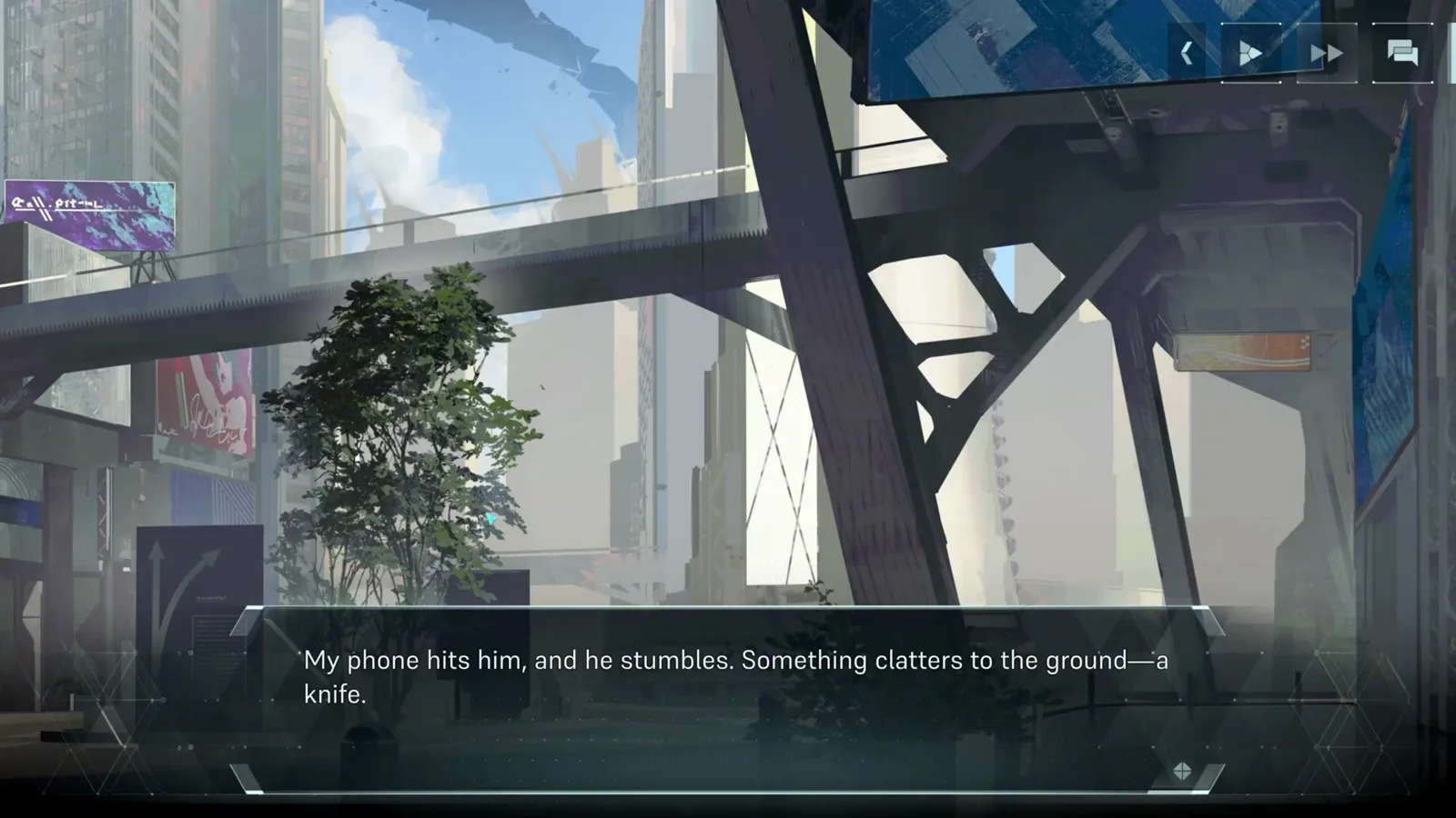In Falsus story scene where a thrown phone knocks a knife loose during the alley shakedown encounter In Falsus story scene where a thrown phone knocks a knife loose during the alley shakedown encounter