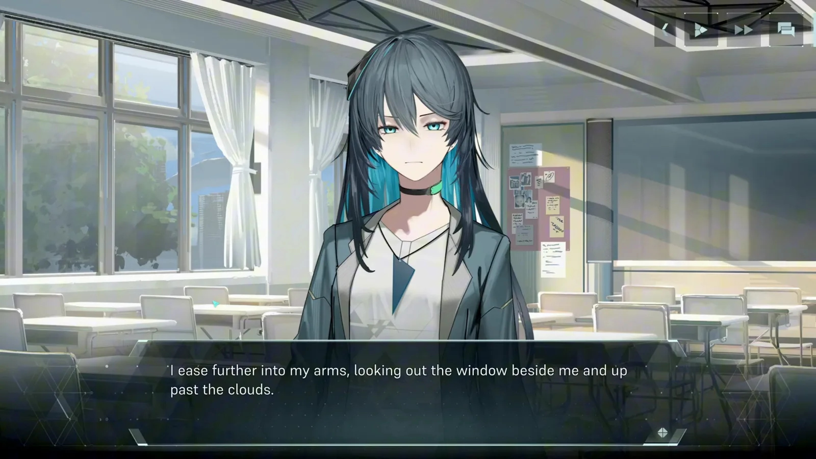 In Falsus story scene of Mei Alder gazing out the classroom window during the demo Arc 1 opening entry In Falsus story scene of Mei Alder gazing out the classroom window during the demo Arc 1 opening entry