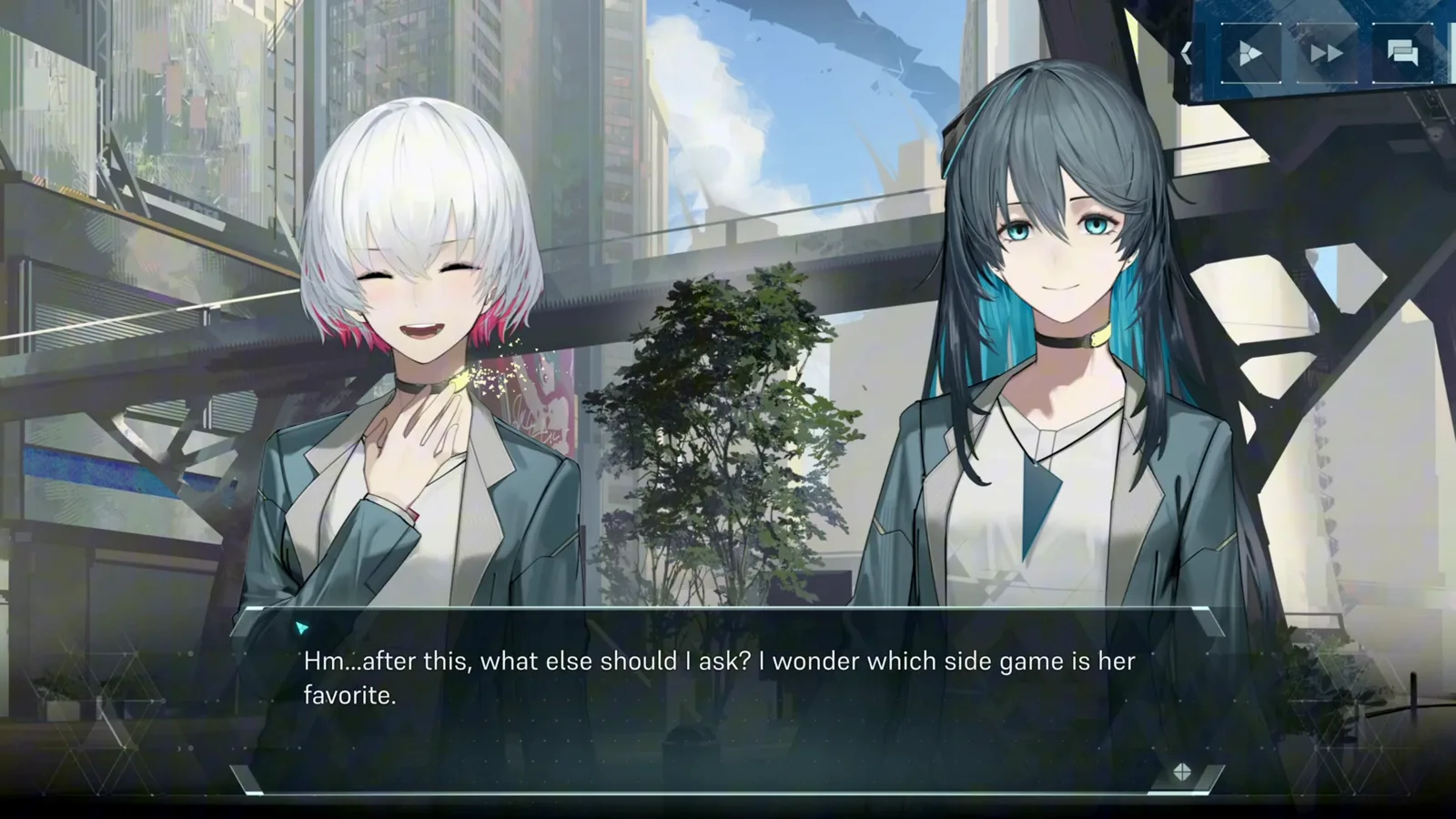 In Falsus story scene showing the point-of-view character in italic inner-thought lines during a chat with Nia Cana In Falsus story scene showing the point-of-view character in italic inner-thought lines during a chat with Nia Cana