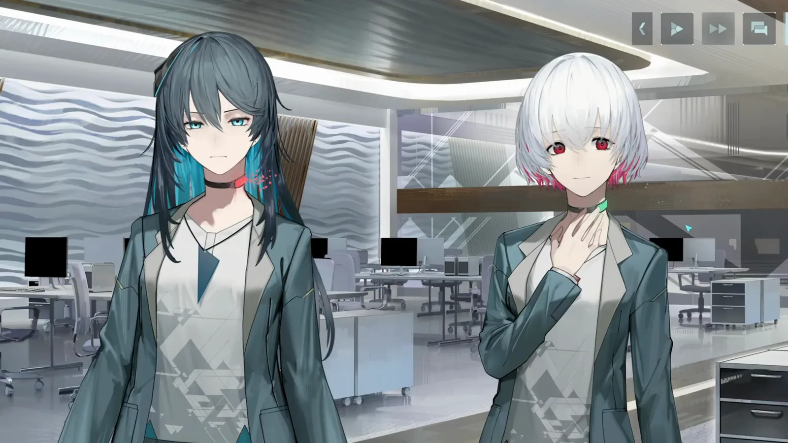 In Falsus story scene of Mei Alder and Nia Cana standing together in the staff room after being caught sleeping in class In Falsus story scene of Mei Alder and Nia Cana standing together in the staff room after being caught sleeping in class