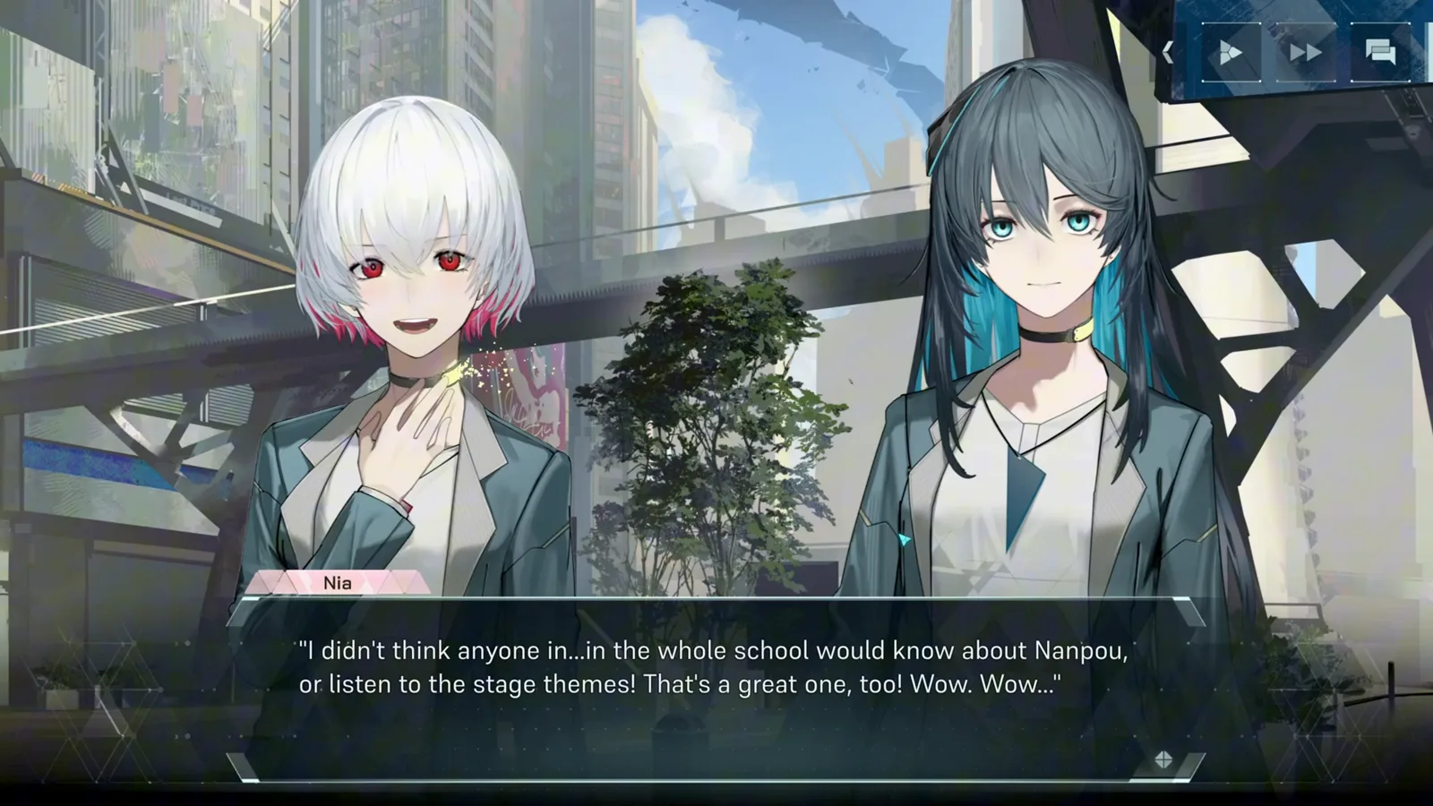 In Falsus story scene of an excited Nia Cana holding her music player while asking about Nanpou stage themes In Falsus story scene of an excited Nia Cana holding her music player while asking about Nanpou stage themes