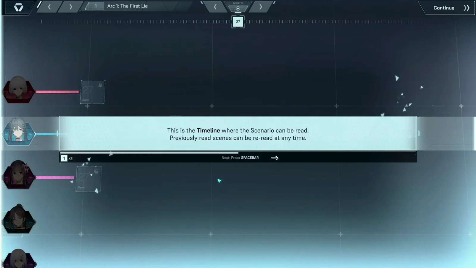 In Falsus Scenario Timeline intro explaining that scenarios are read per character entry and previously read scenes can be re-read at any time In Falsus Scenario Timeline intro explaining that scenarios are read per character entry and previously read scenes can be re-read at any time