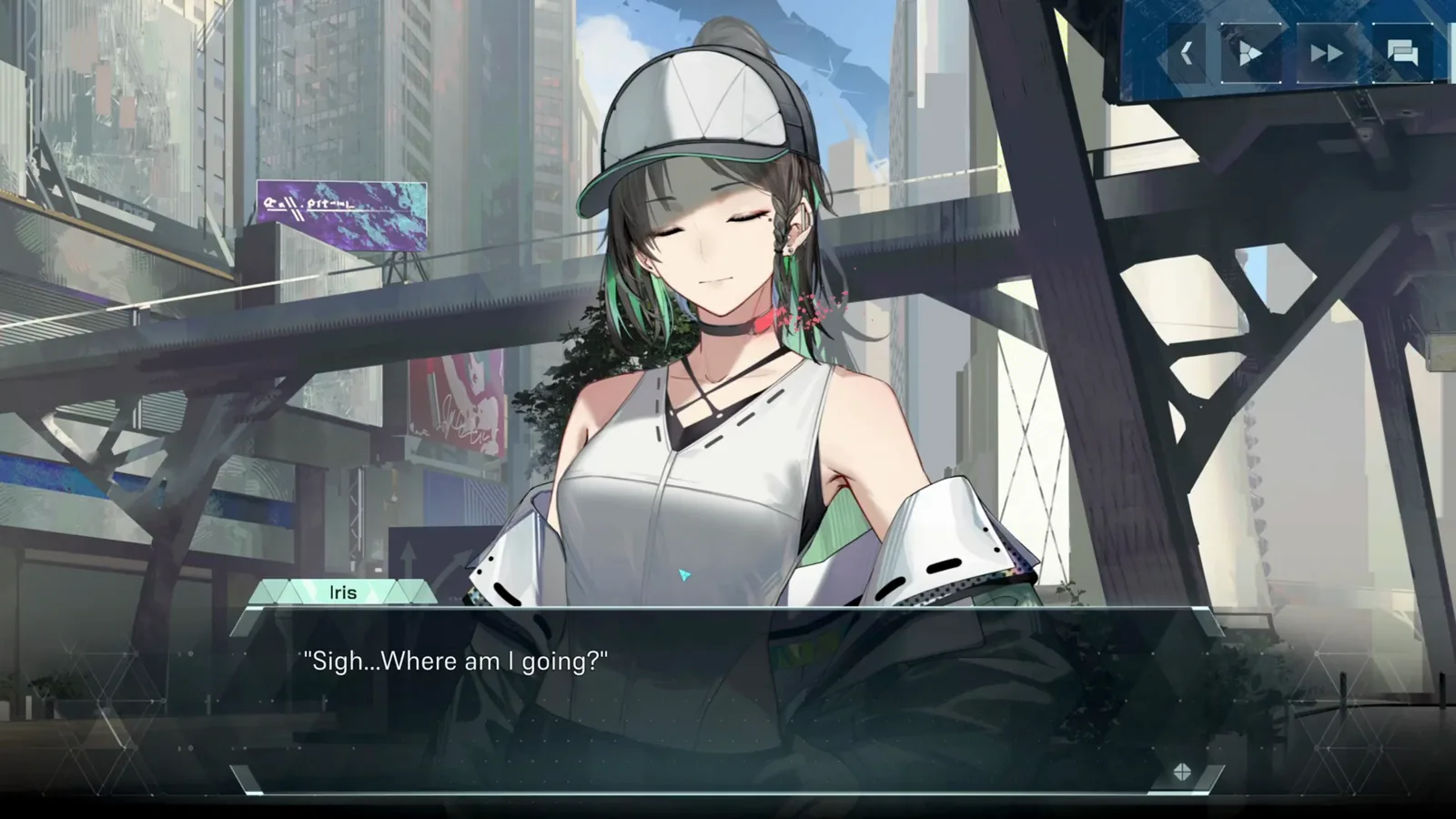 In Falsus story scene opening the second character entry with the capped green-streaked girl asking herself where she is going In Falsus story scene opening the second character entry with the capped green-streaked girl asking herself where she is going