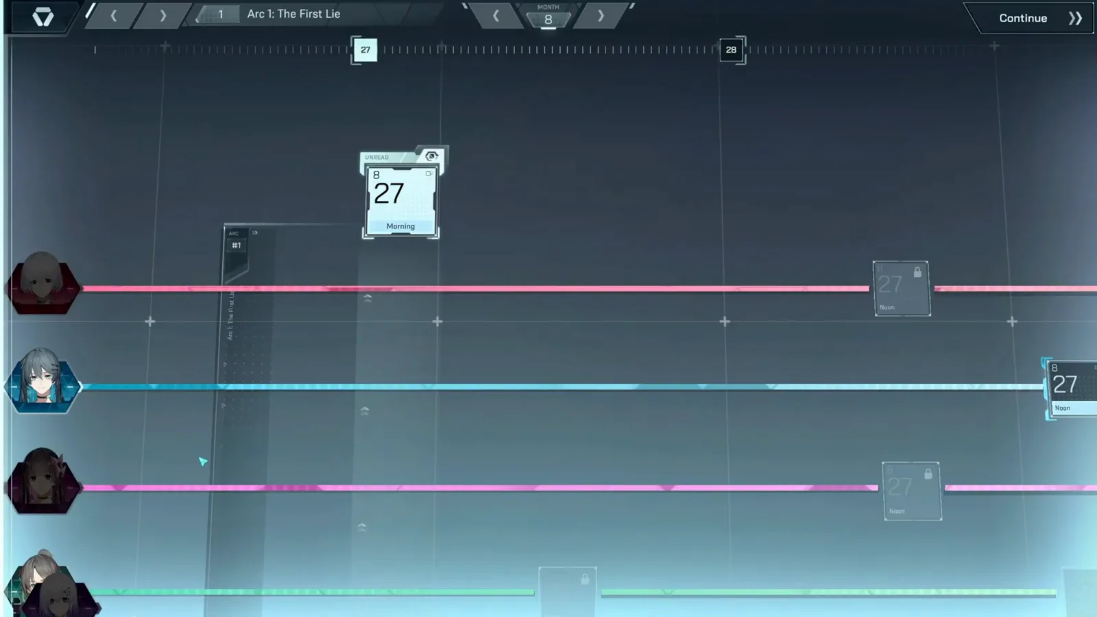 In Falsus Arc 1 The First Lie timeline with month and day tiles where unread scenario nodes are selected In Falsus Arc 1 The First Lie timeline with month and day tiles where unread scenario nodes are selected