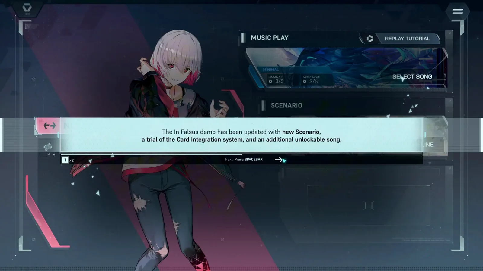 In Falsus demo hub screen announcing the update with new Scenario, a Card Integration system trial and an additional unlockable song In Falsus demo hub screen announcing the update with new Scenario, a Card Integration system trial and an additional unlockable song