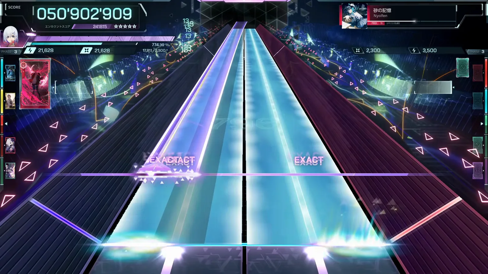 Two cyan holds pour down in parallel past an EXACT row at 050'902'909 in In Falsus Suna no Kioku FBD 11 Two cyan holds pour down in parallel past an EXACT row at 050'902'909 in In Falsus Suna no Kioku FBD 11