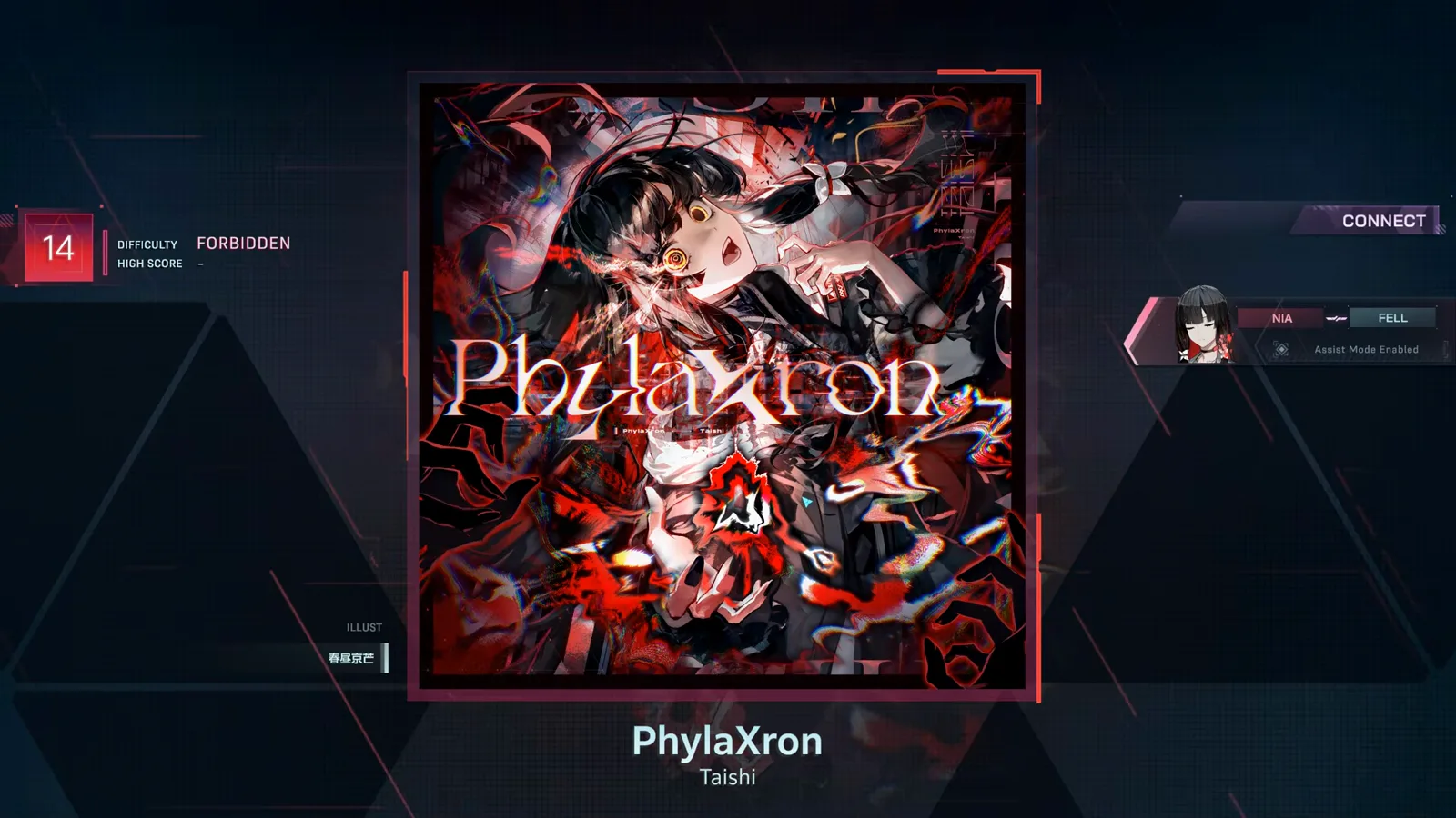 In Falsus song select shows Taishi by PhylaXron with a red FORBIDDEN 14 badge and an empty HIGH SCORE row In Falsus song select shows Taishi by PhylaXron with a red FORBIDDEN 14 badge and an empty HIGH SCORE row