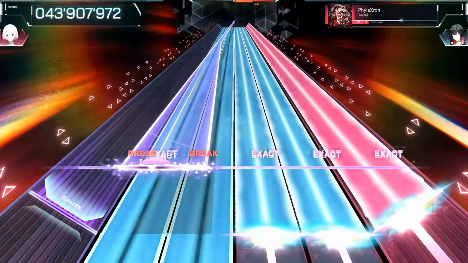 NEAR and BREAK mark a wall of cyan and pink wide beams at 043 907 972 in Taishi FBD 14 NEAR and BREAK mark a wall of cyan and pink wide beams at 043 907 972 in Taishi FBD 14