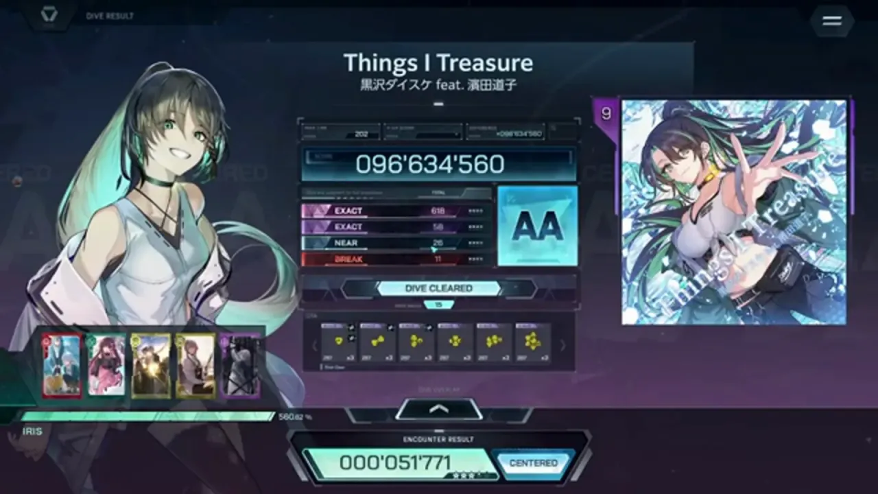 A settled Things I Treasure ULT 9 card in In Falsus: 096’634’560, Rank AA lit, the four judgment rows readable