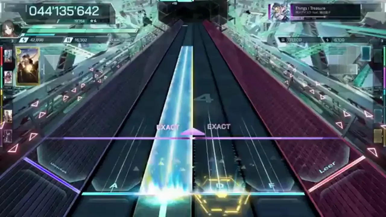 A yellow hold hexagon waits under a passing cyan beam at 044’135’642 in Things I Treasure ULT 9 in In Falsus