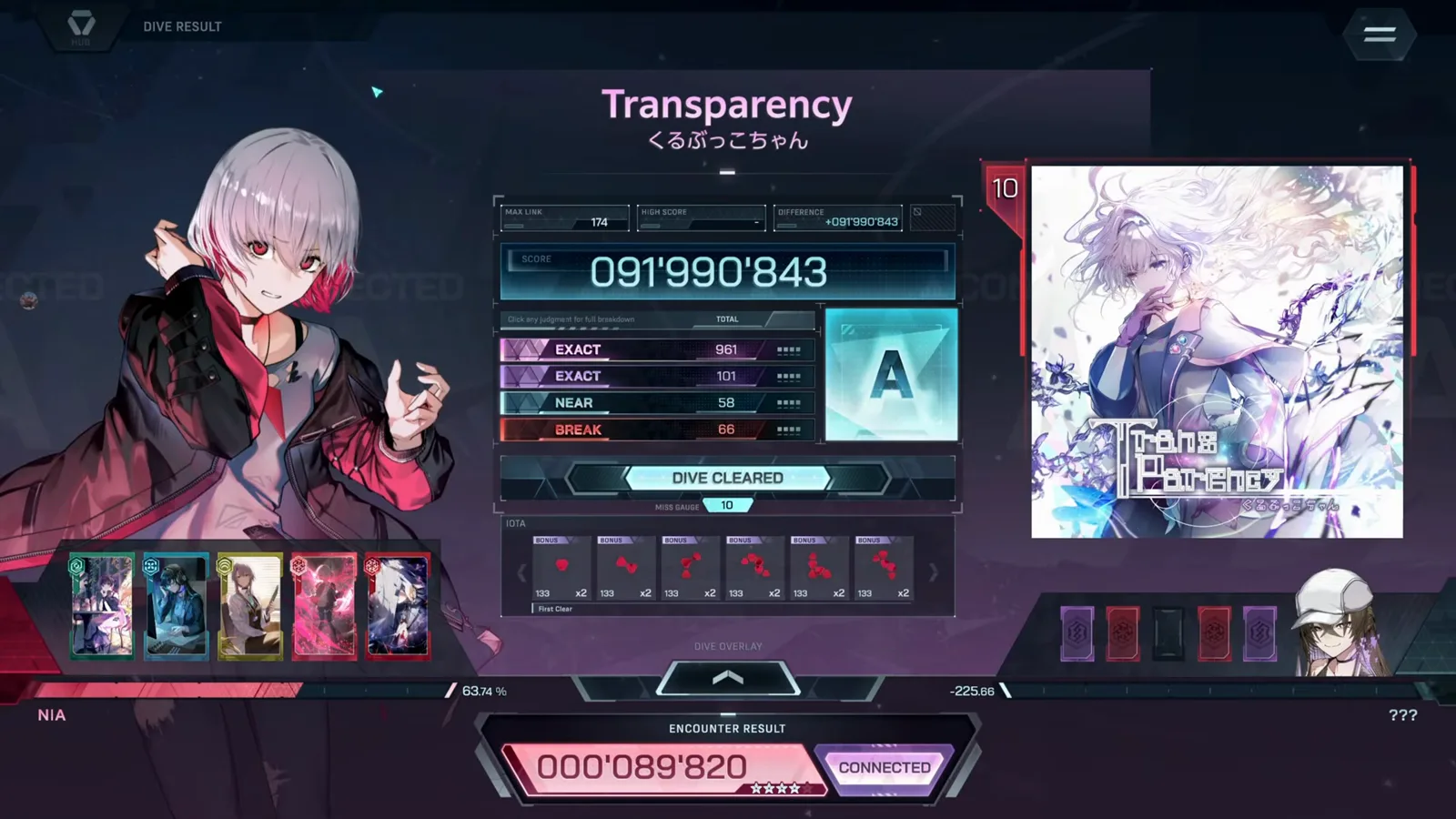 Transparency FBD 10 result card in In Falsus: EXACT 961+101, NEAR 58, BREAK 66 — 1,186 notes at rank A