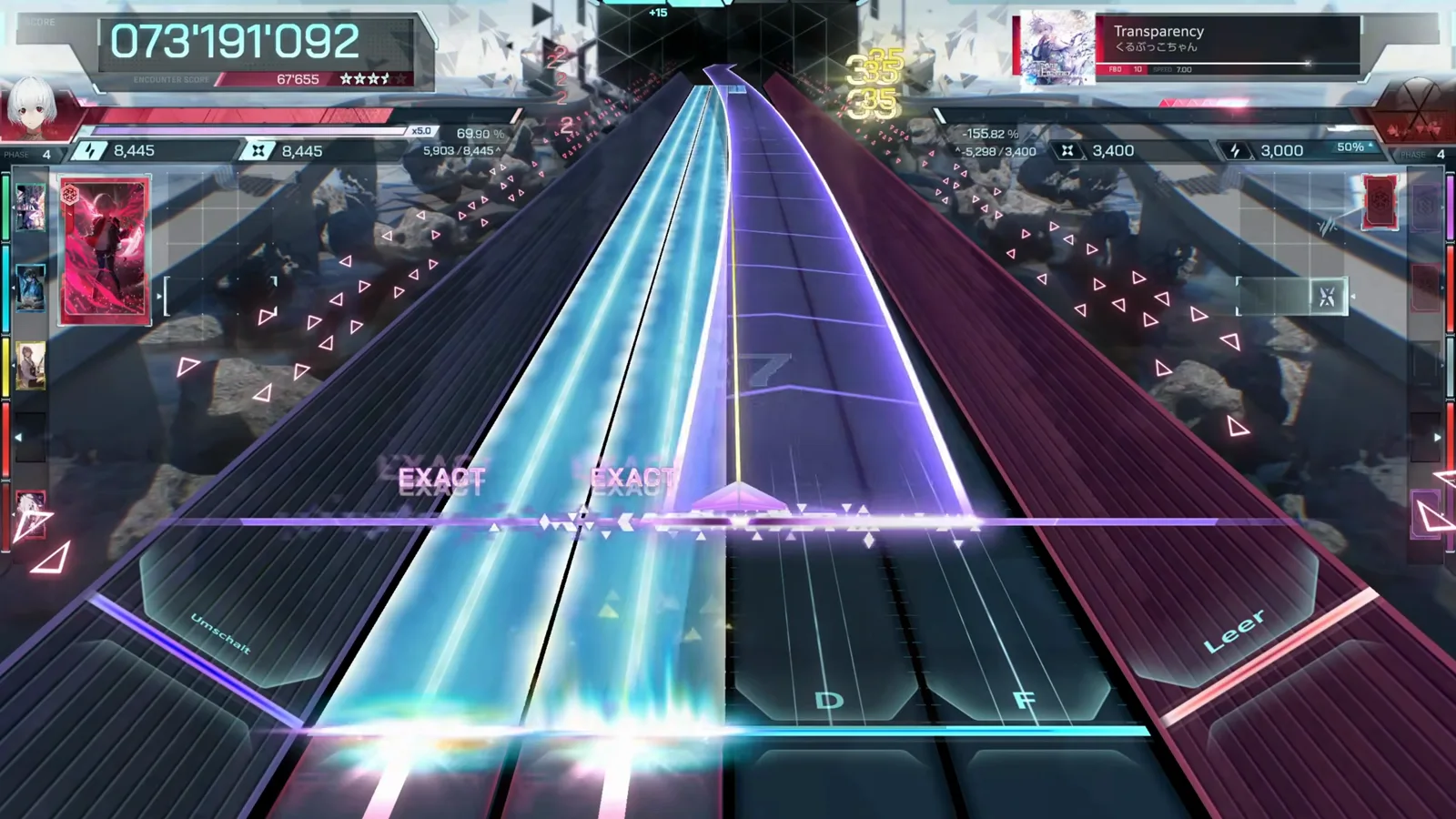 Cyan and violet walls close in from both rails at 073 191 092 in mid-song Transparency FBD 10 in In Falsus