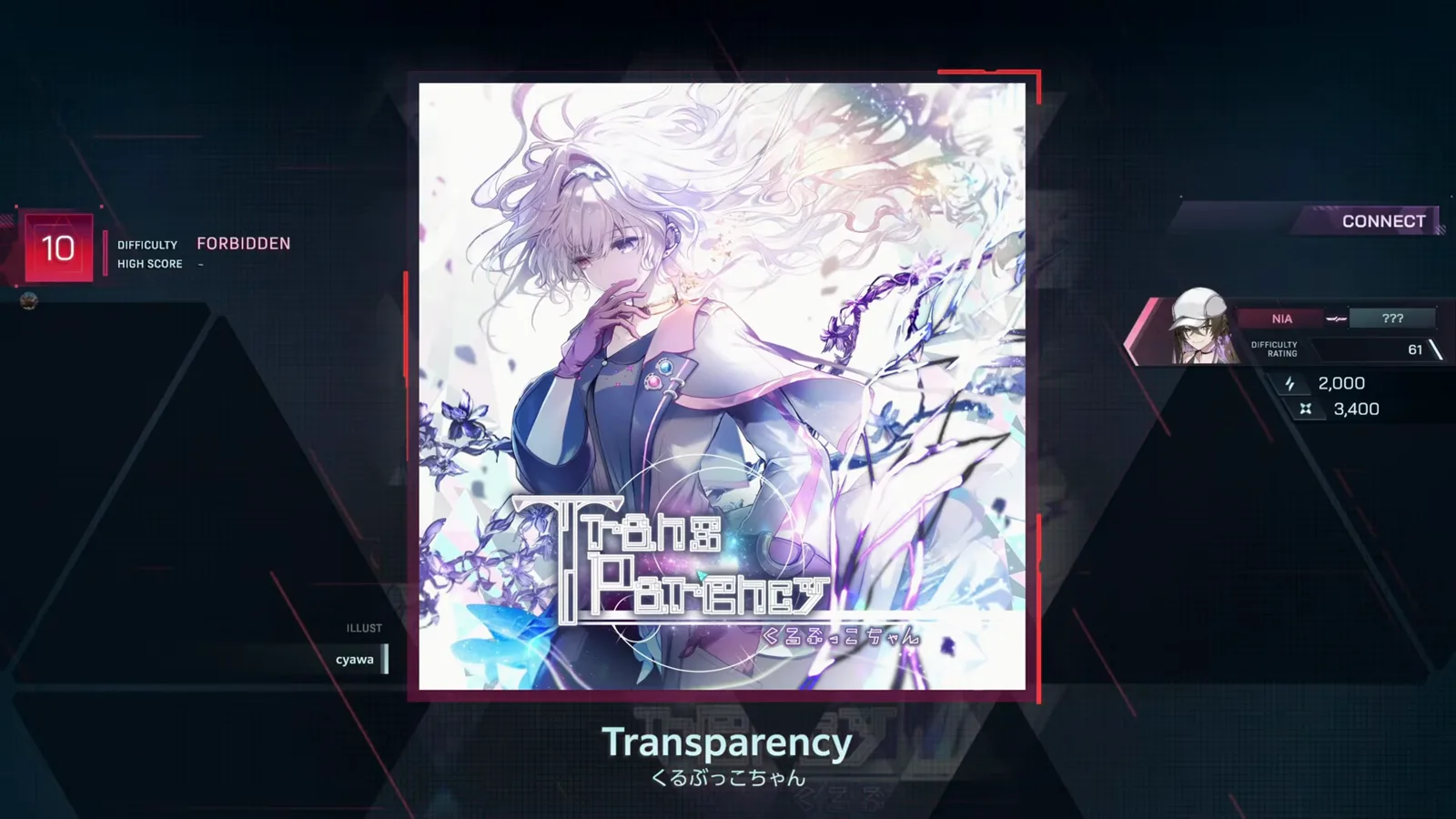 Transparency select card in In Falsus showing the red FORBIDDEN 10 badge, a dash for HIGH SCORE and the cyawa jacket