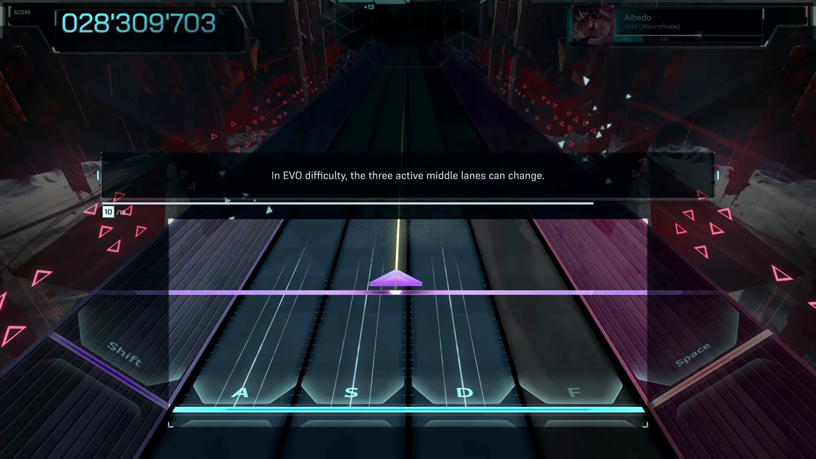 In Falsus EVO difficulty tutorial warning that the three active middle lanes can change partway through a chart In Falsus EVO difficulty tutorial warning that the three active middle lanes can change partway through a chart