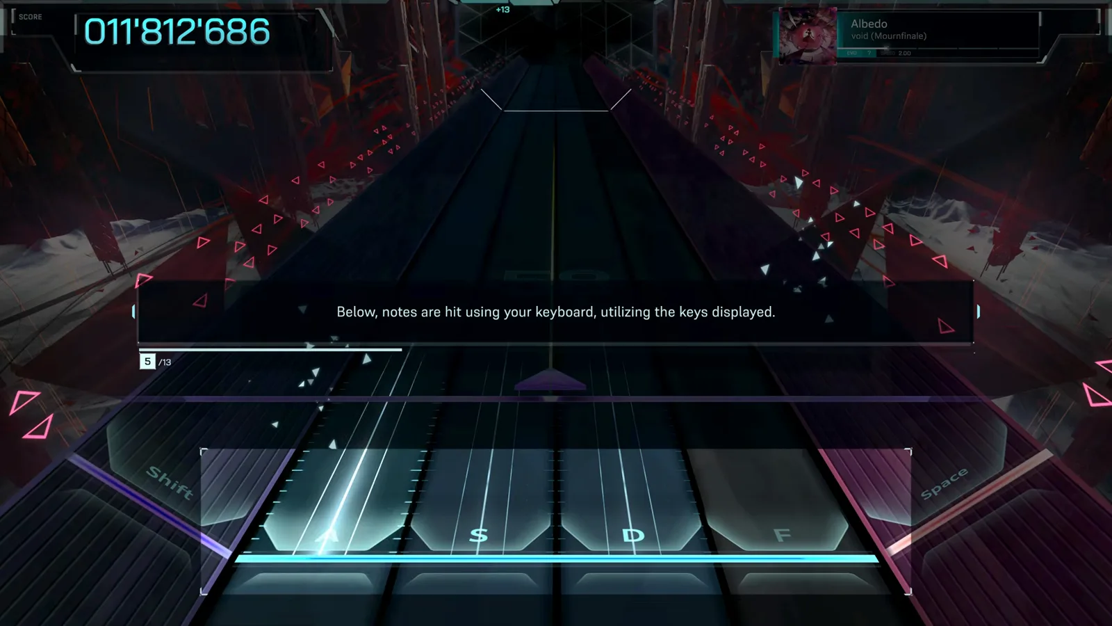In Falsus tutorial step explaining that the lower notes are hit with the keyboard on the displayed A S D F keys In Falsus tutorial step explaining that the lower notes are hit with the keyboard on the displayed A S D F keys