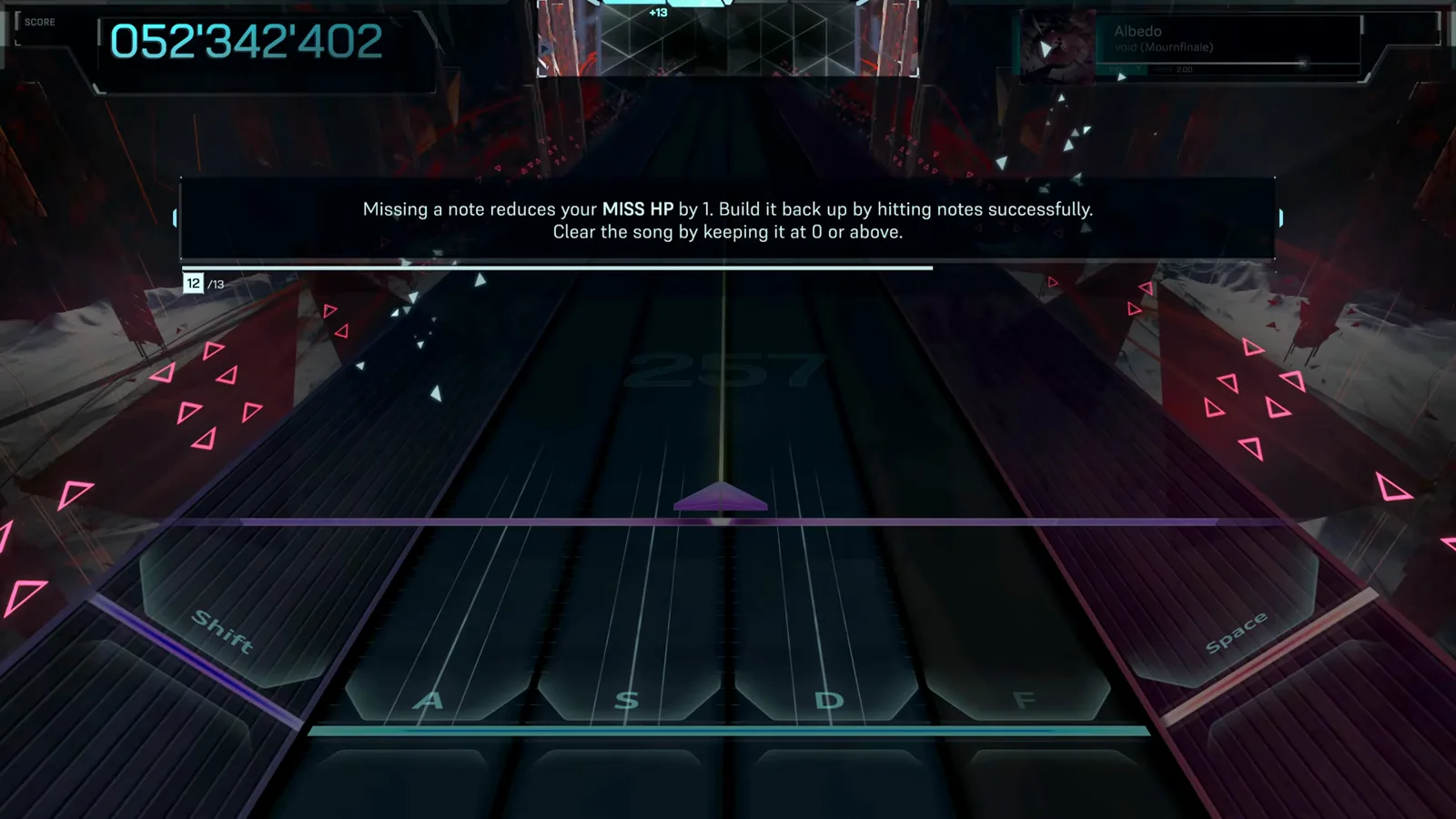 In Falsus tutorial message explaining that missing a note costs one Miss HP and clearing means staying at zero or above