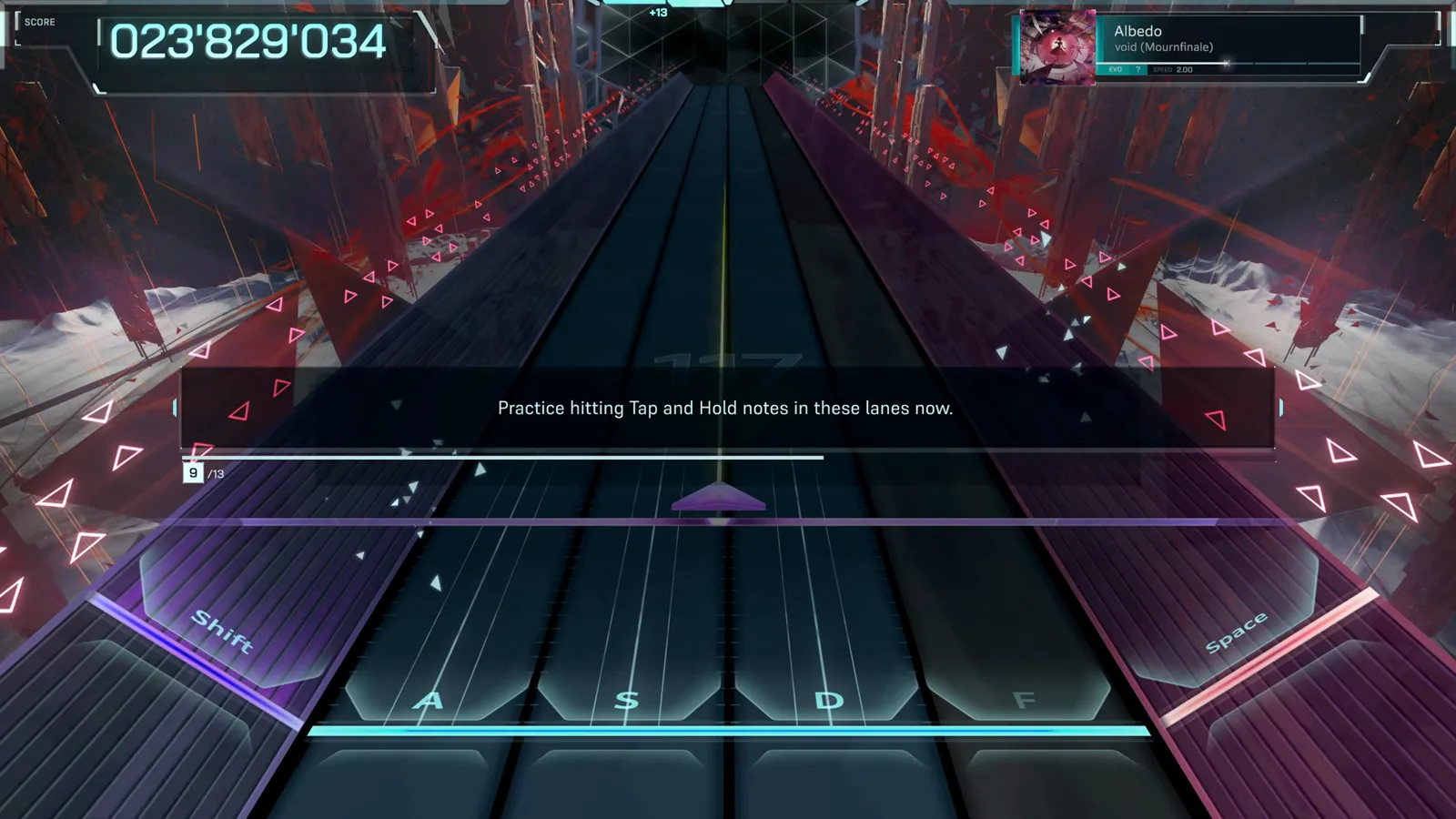 In Falsus tutorial practice segment where Tap and Hold notes roll down the A S D F lanes with Shift and Space keys labelled In Falsus tutorial practice segment where Tap and Hold notes roll down the A S D F lanes with Shift and Space keys labelled