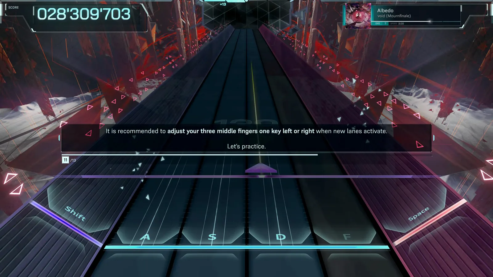 In Falsus tutorial tip recommending players shift their three middle fingers one key left or right when new lanes activate In Falsus tutorial tip recommending players shift their three middle fingers one key left or right when new lanes activate