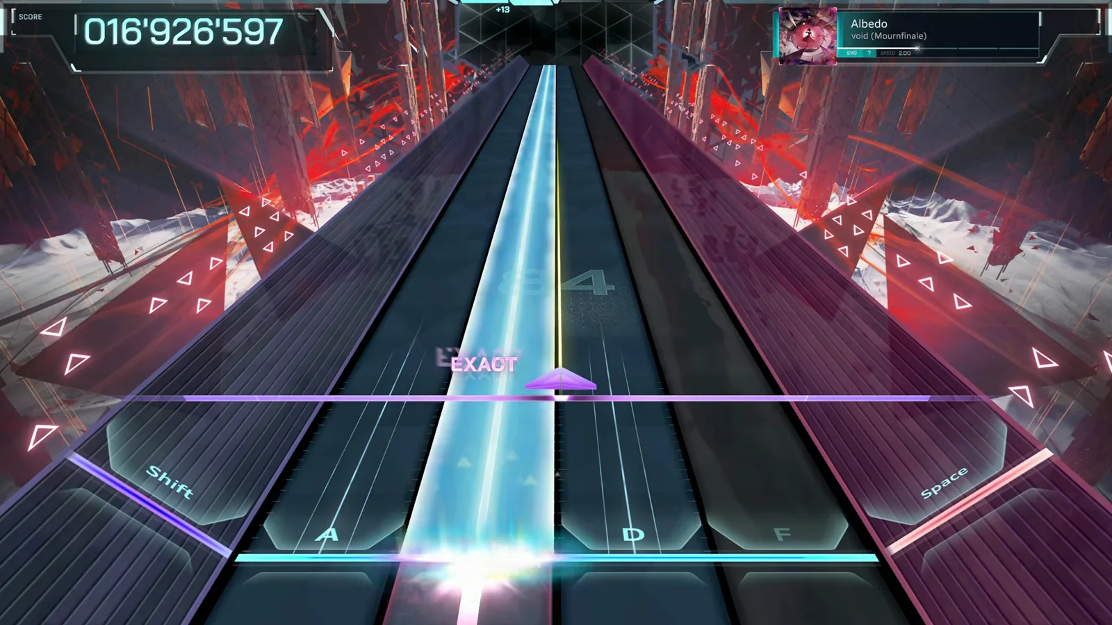 In Falsus tutorial practice screen with Tap and Hold notes falling through the center lanes of the one-hand keybed